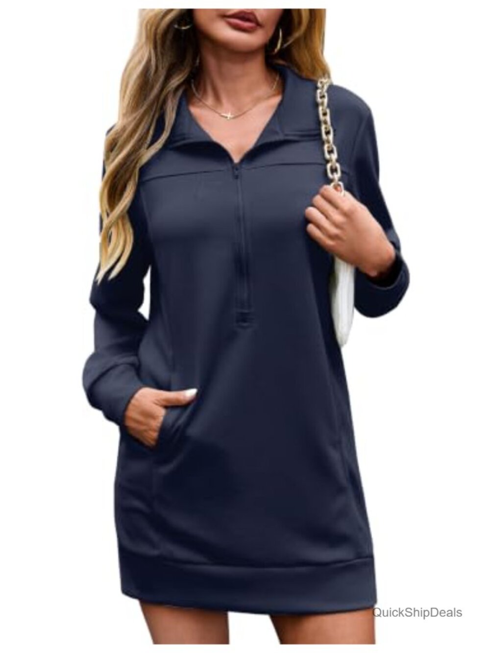 Half Zip Long Sleeve Sweatshirt Mini Dress with Pockets
